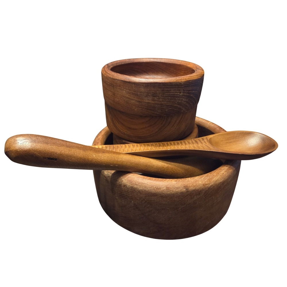 Goodwood Teak Salad Bowl Set Vintage 6pc‎ Brown MCM Hand Carved Thailand